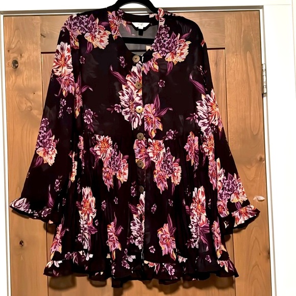 Terra Sky Blouse Womens 1X Floral sheer pleated button down ruffles romantic - Picture 1 of 11